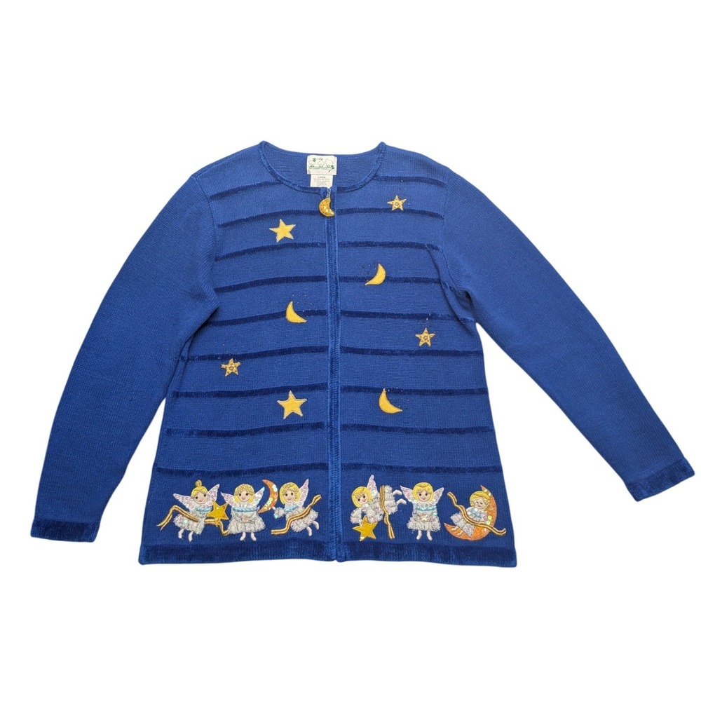 Quacker Factory Cardigan Womens Large Blue Angel Celestial Star Moon Full Zip